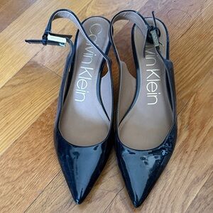 Calvin Klein Black Patent Pointed Slingback Kitten Heels with Gold Buckle
